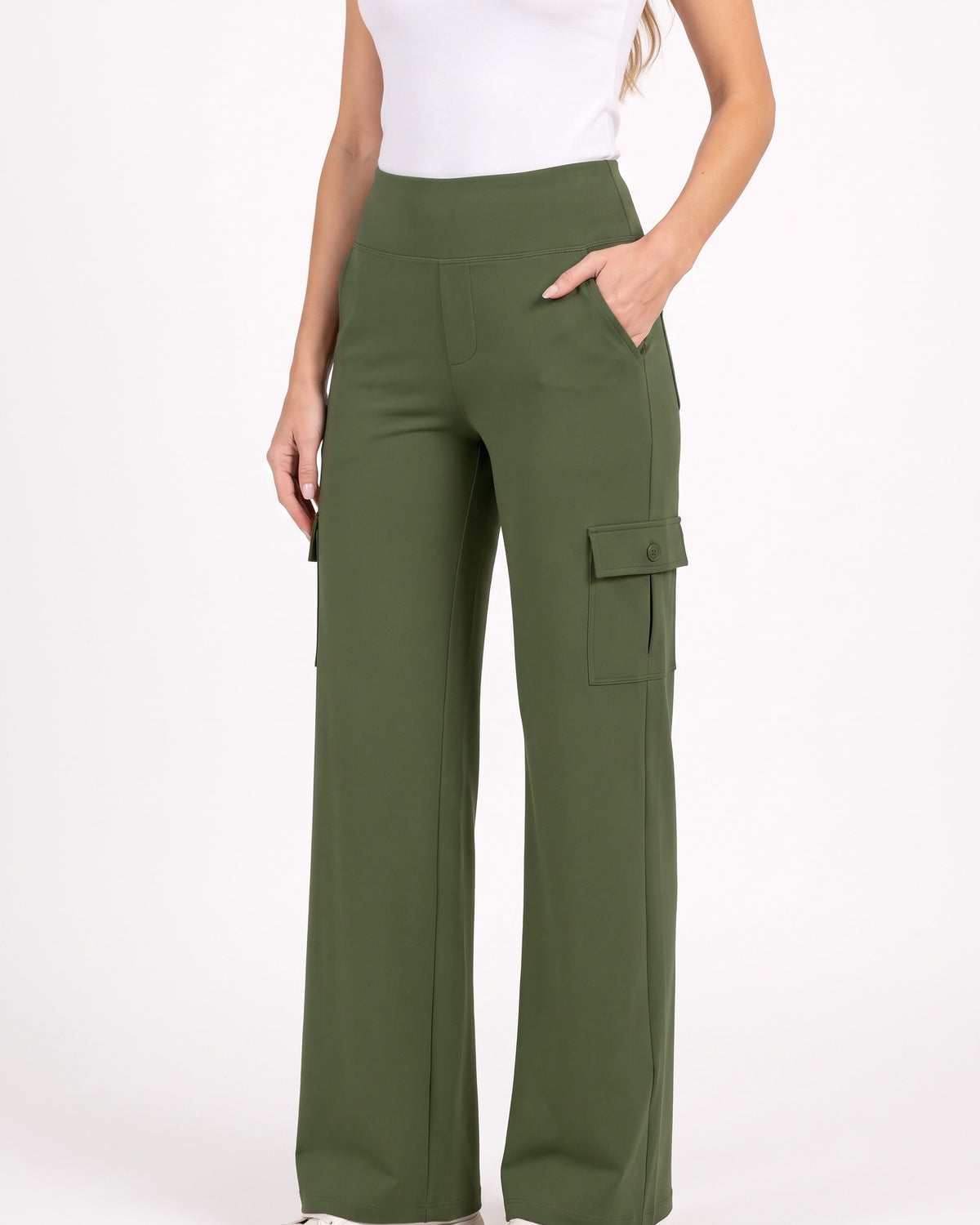Olive green wide-leg cargo pants with a high-rise waistband and flap pockets