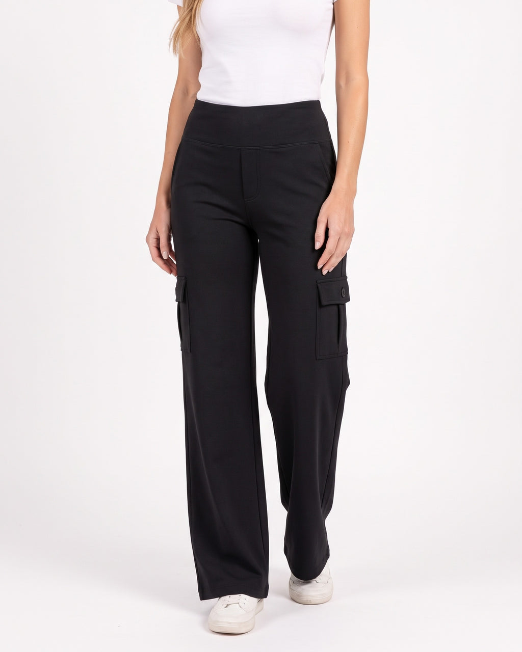 Black wide-leg cargo pants with a high-rise waistband and flap pockets
