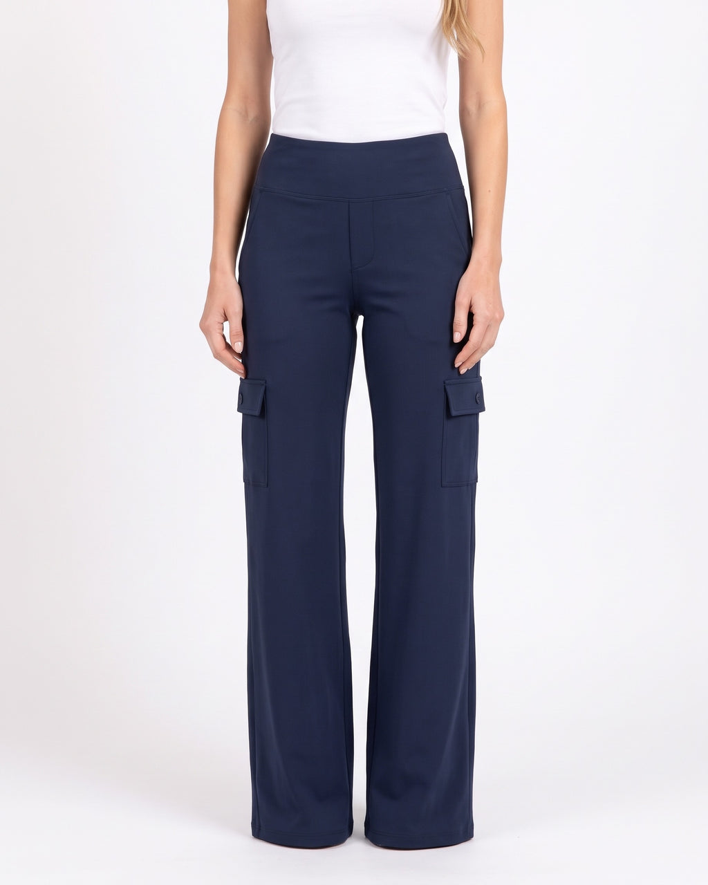 Navy wide-leg cargo pants with a high-rise waistband and flap pockets