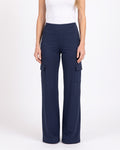 Navy wide-leg cargo pants with a high-rise waistband and flap pockets