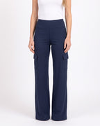 Navy wide-leg cargo pants with a high-rise waistband and flap pockets