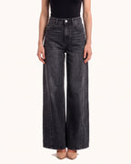 Black high-waisted wide-leg jeans with front seam, relaxed baggy fit, button closure