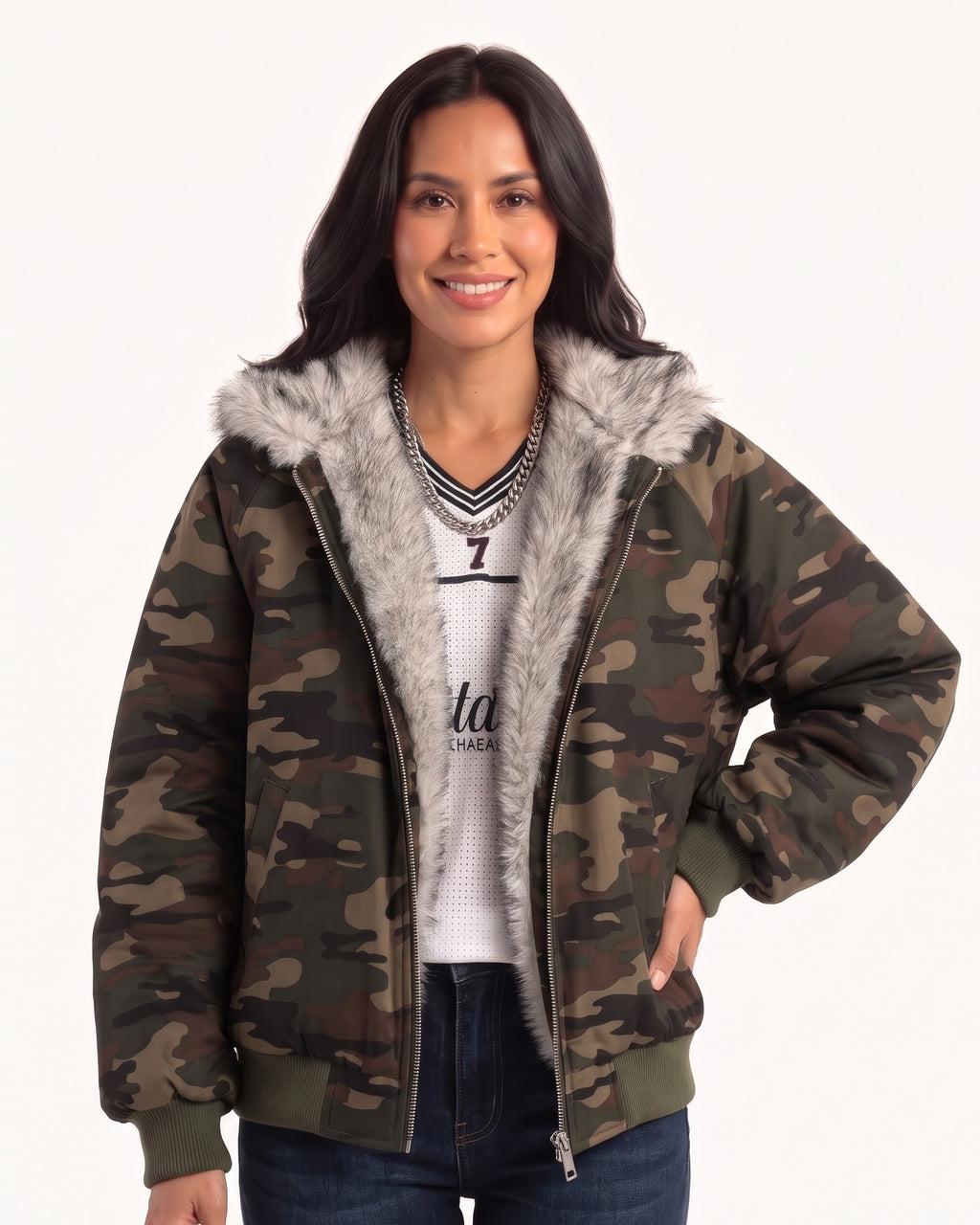Camouflage padded bomber jacket with gray faux fur hood lining, zip front and ribbed cuffs