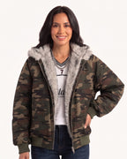 Camouflage padded bomber jacket with gray faux fur hood lining, zip front and ribbed cuffs