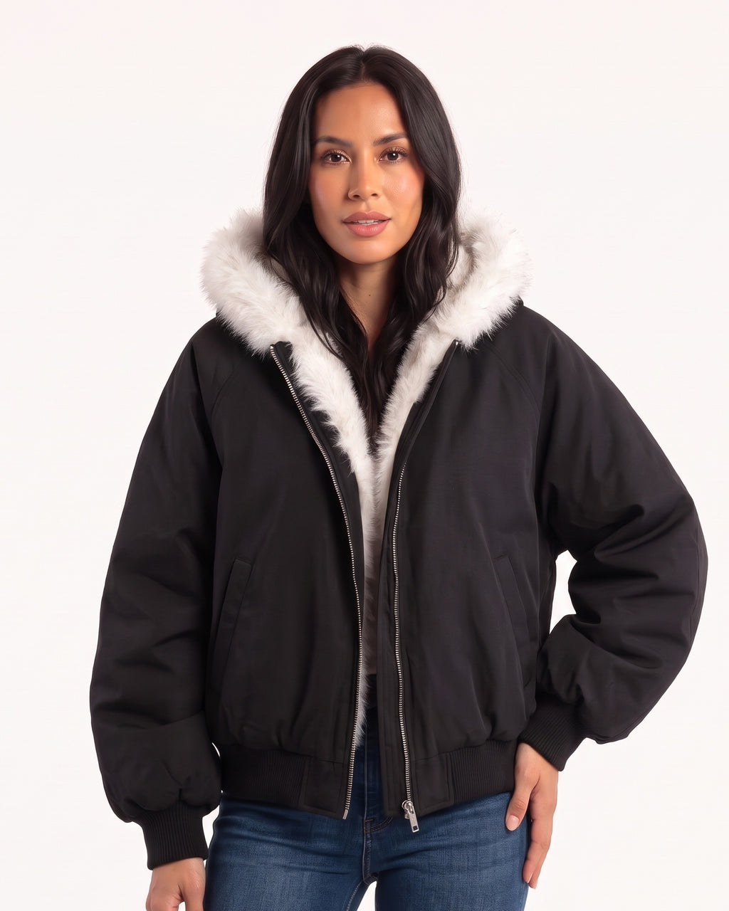 Black padded bomber jacket with white faux fur hood lining, zip front and ribbed cuffs