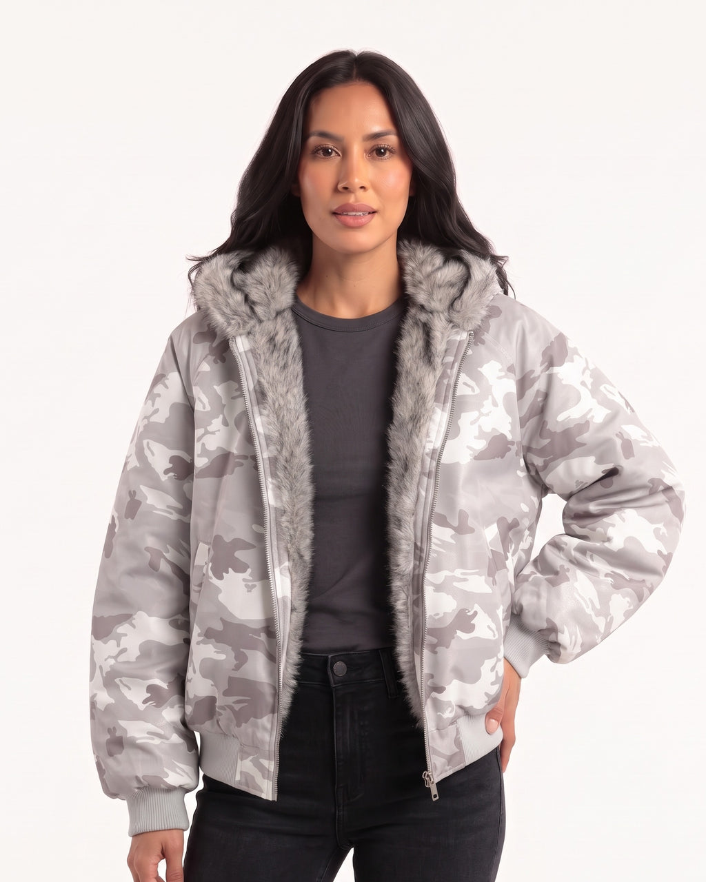 Gray camouflage padded bomber jacket with gray faux fur hood lining, zip front and ribbed cuffs