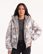 Gray camouflage padded bomber jacket with gray faux fur hood lining, zip front and ribbed cuffs