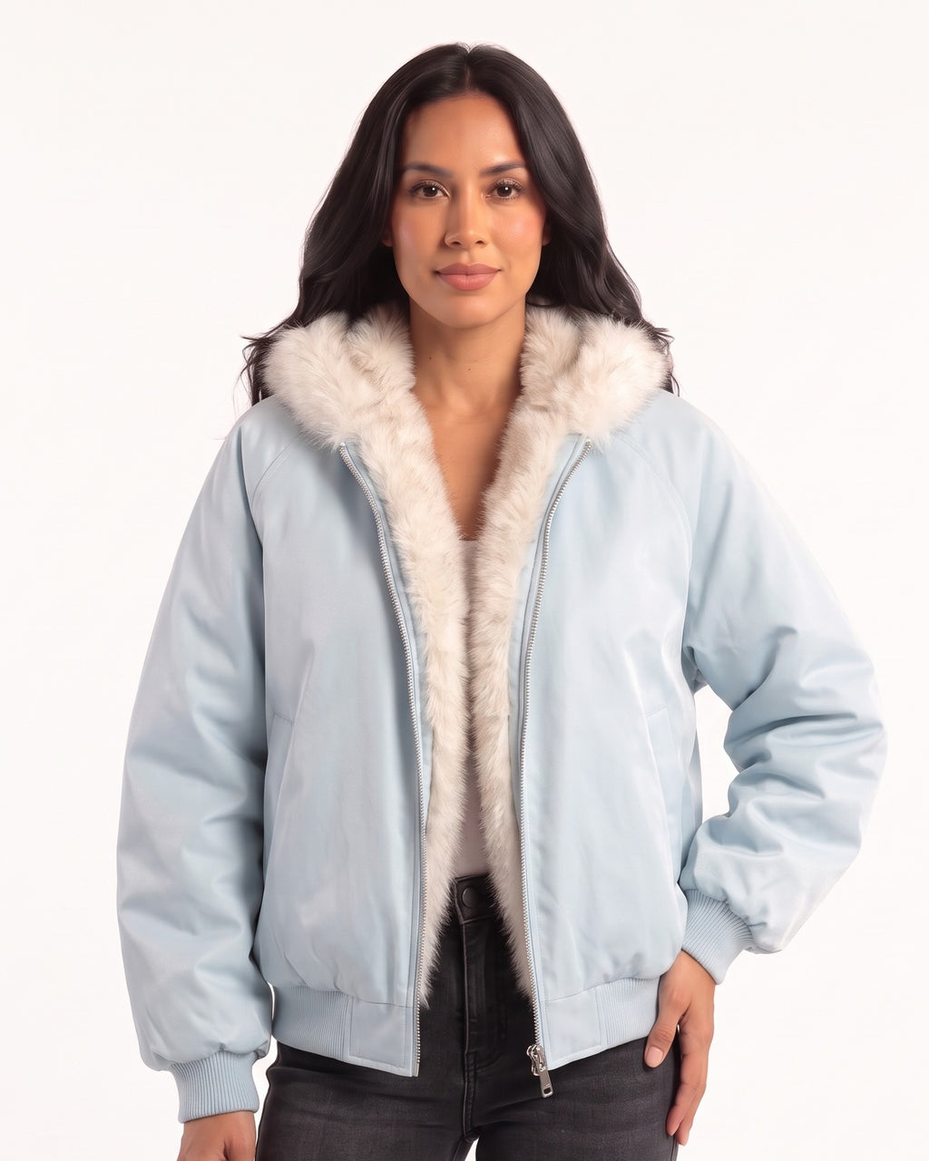 Light blue padded bomber jacket with white faux fur hood lining, zip front and ribbed cuffs