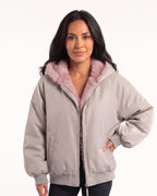 Light gray padded bomber jacket with pink faux fur hood lining, zip front and ribbed cuffs