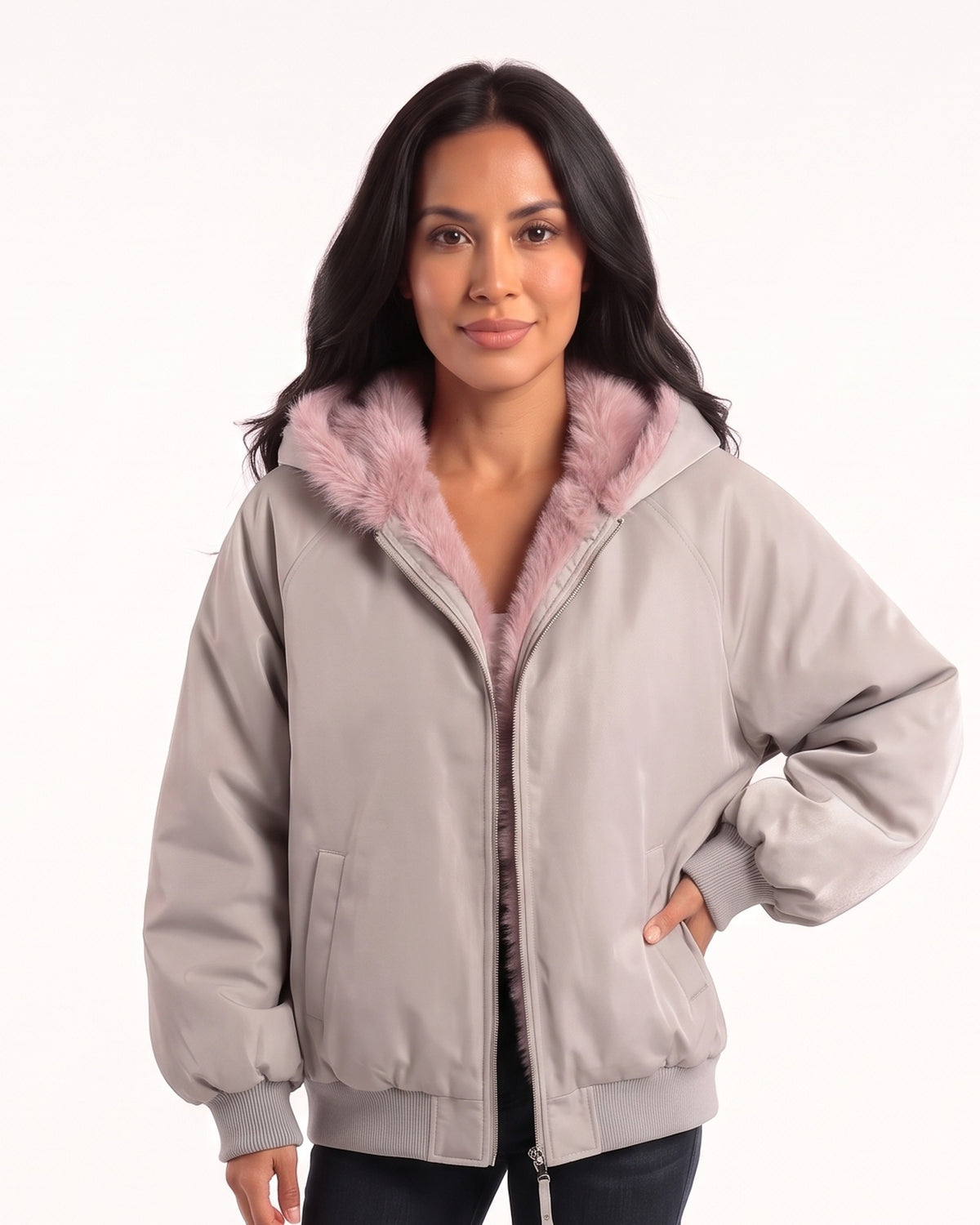 Light gray padded bomber jacket with pink faux fur hood lining, zip front and ribbed cuffs