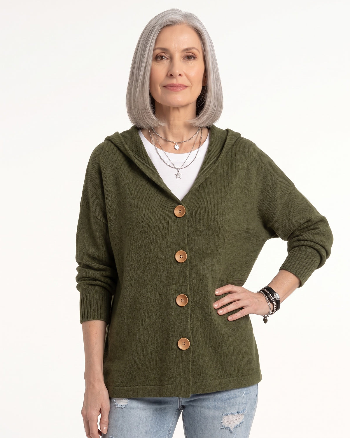 Olive hooded knit cardigan with wooden button front, oversized fit, long sleeves