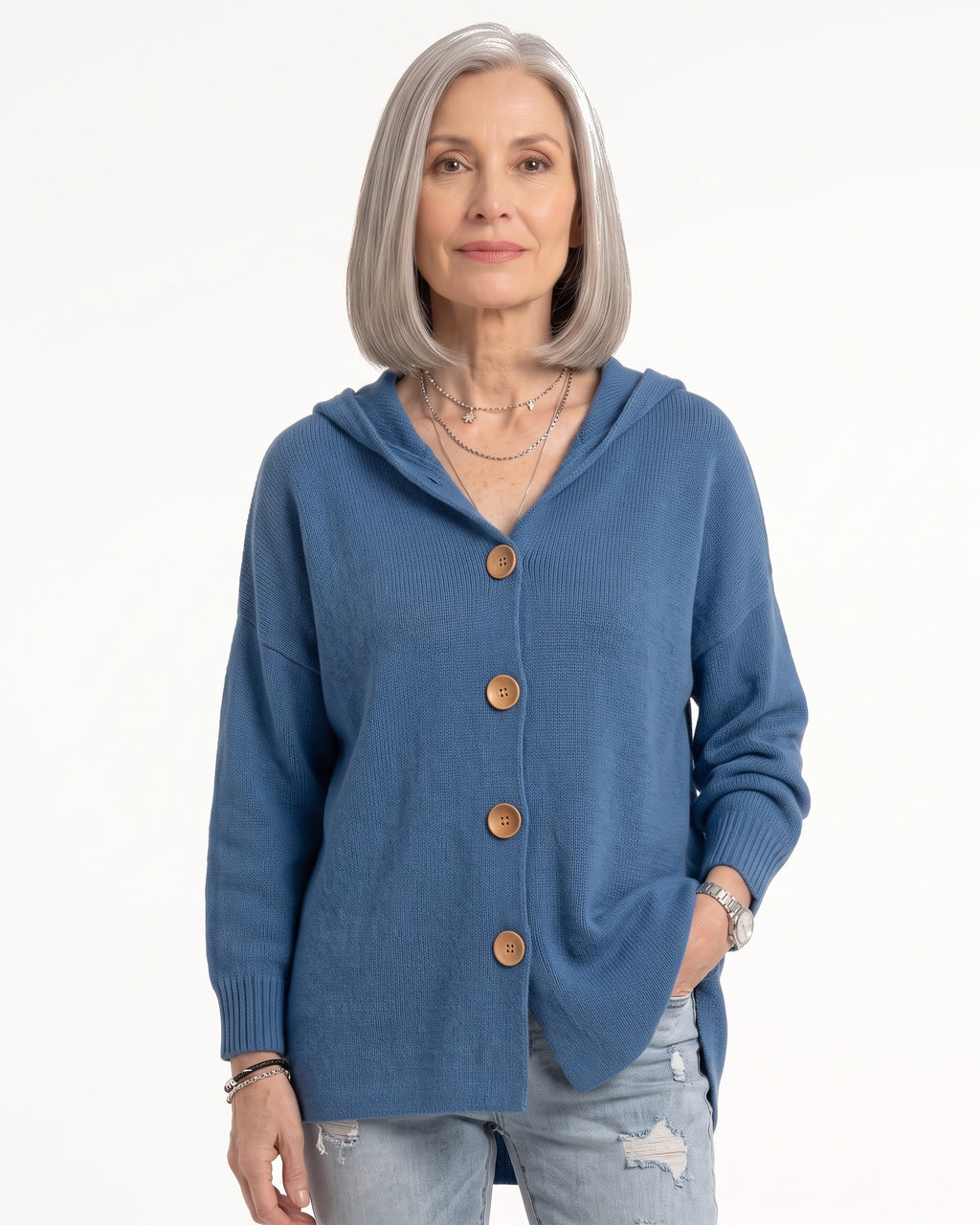 Blue hooded knit cardigan with wooden button front, oversized relaxed fit