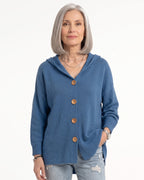 Blue hooded knit cardigan with wooden button front, oversized relaxed fit