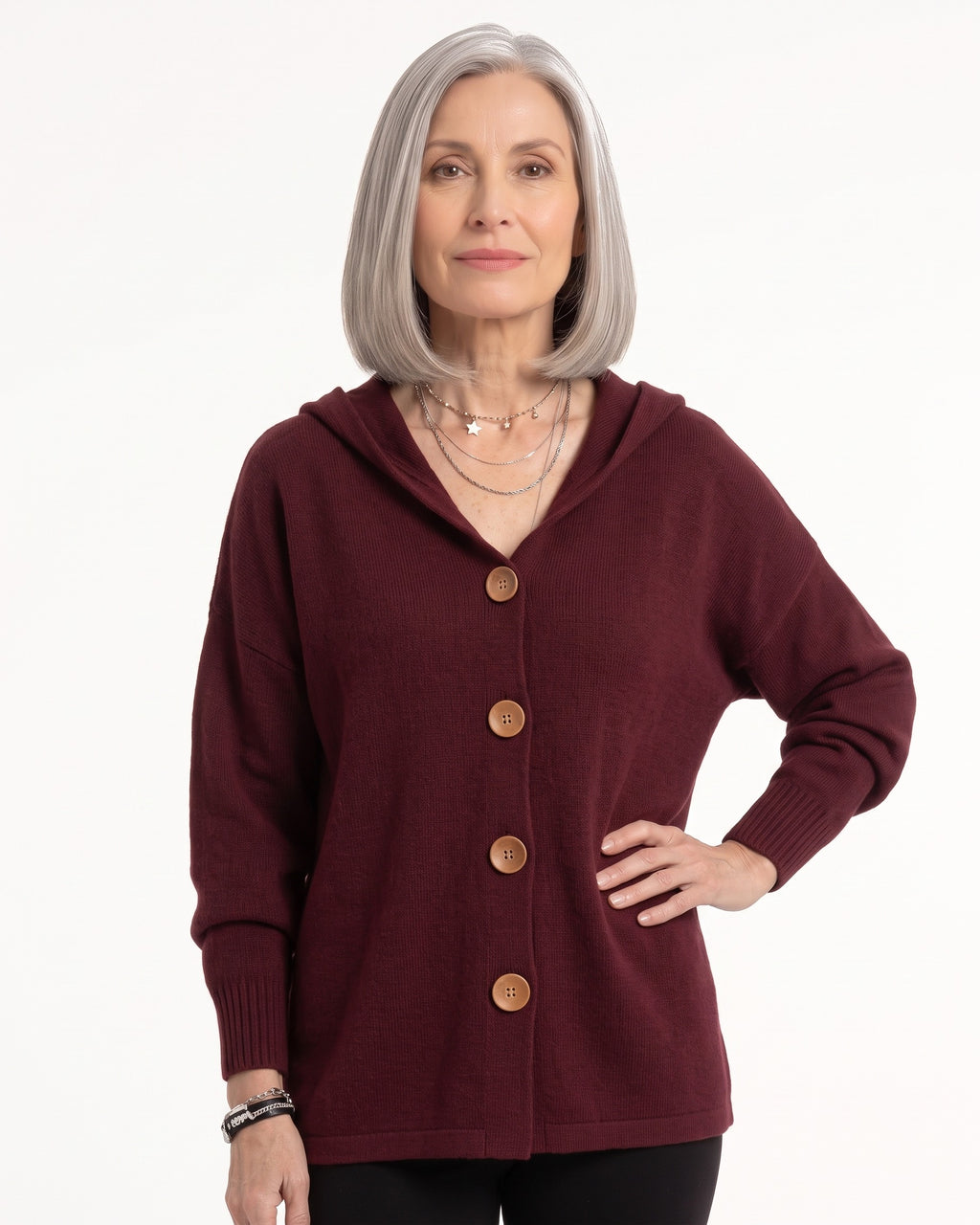 Burgundy hooded knit cardigan with wooden button front, oversized fit, long sleeves