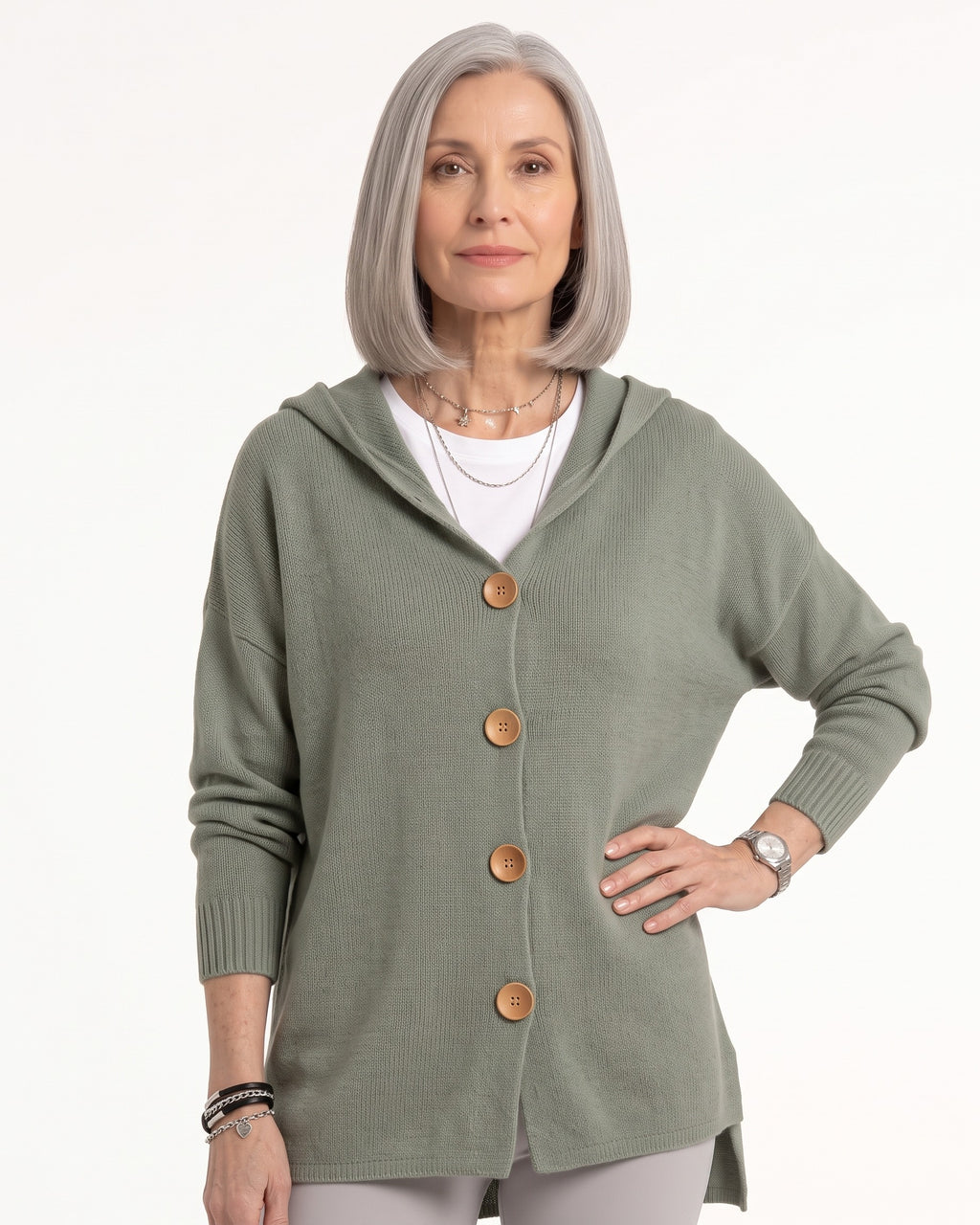 Green hooded knit cardigan with wooden button front, relaxed oversized fit