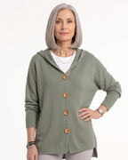 Green hooded knit cardigan with wooden button front, relaxed oversized fit
