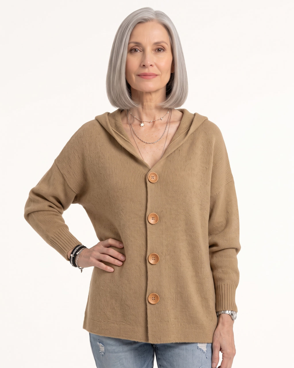 Khaki hooded knit cardigan with wooden button front, oversized fit, long sleeves