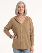 Khaki hooded knit cardigan with wooden button front, oversized fit, long sleeves