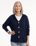 Women’s hooded knit cardigan in navy with front wooden buttons and long sleeves