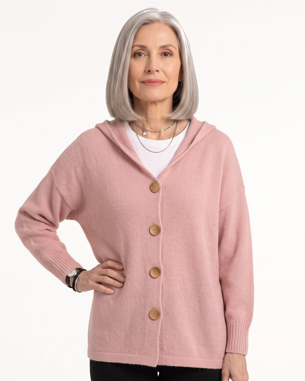 Women’s hooded knit cardigan in blush pink with front wooden buttons and long sleeves