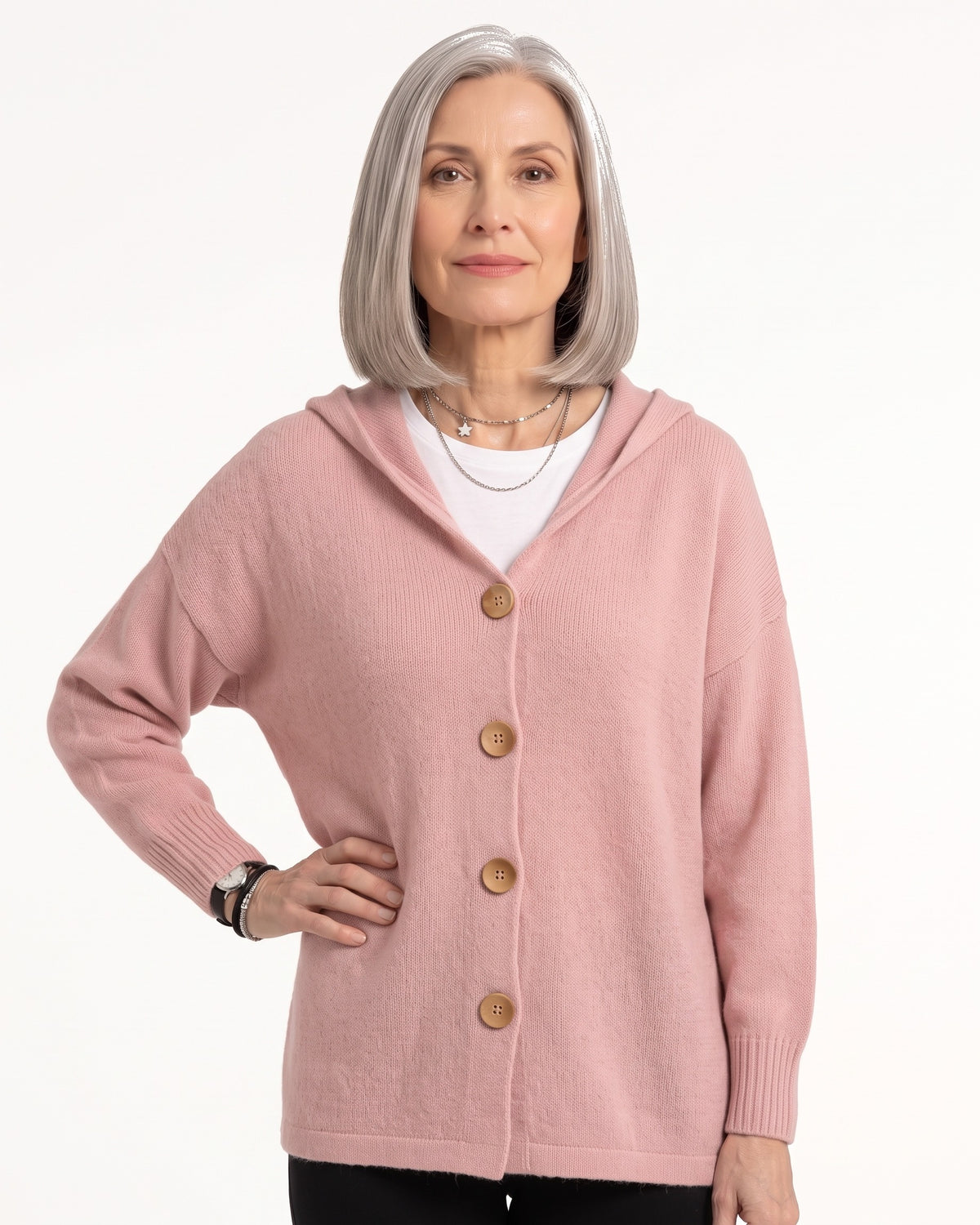 Women’s hooded knit cardigan in blush pink with front wooden buttons and long sleeves