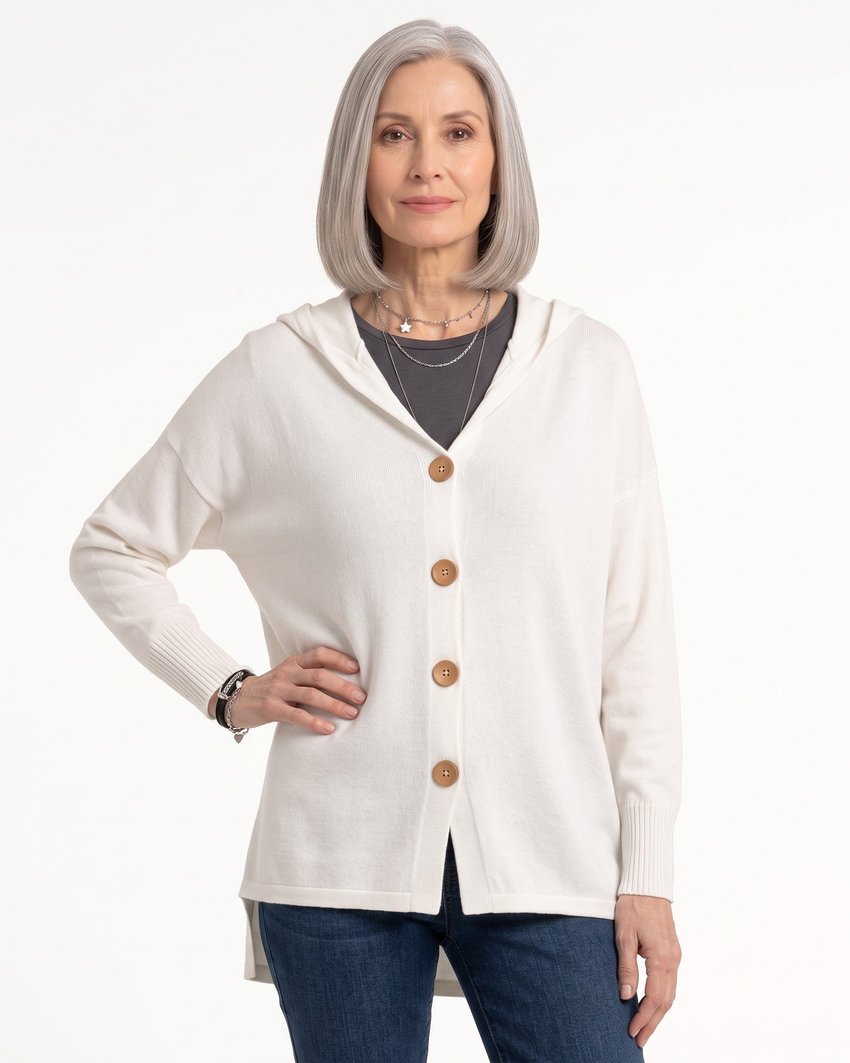 White hooded knit cardigan with wooden button front, relaxed oversized fit