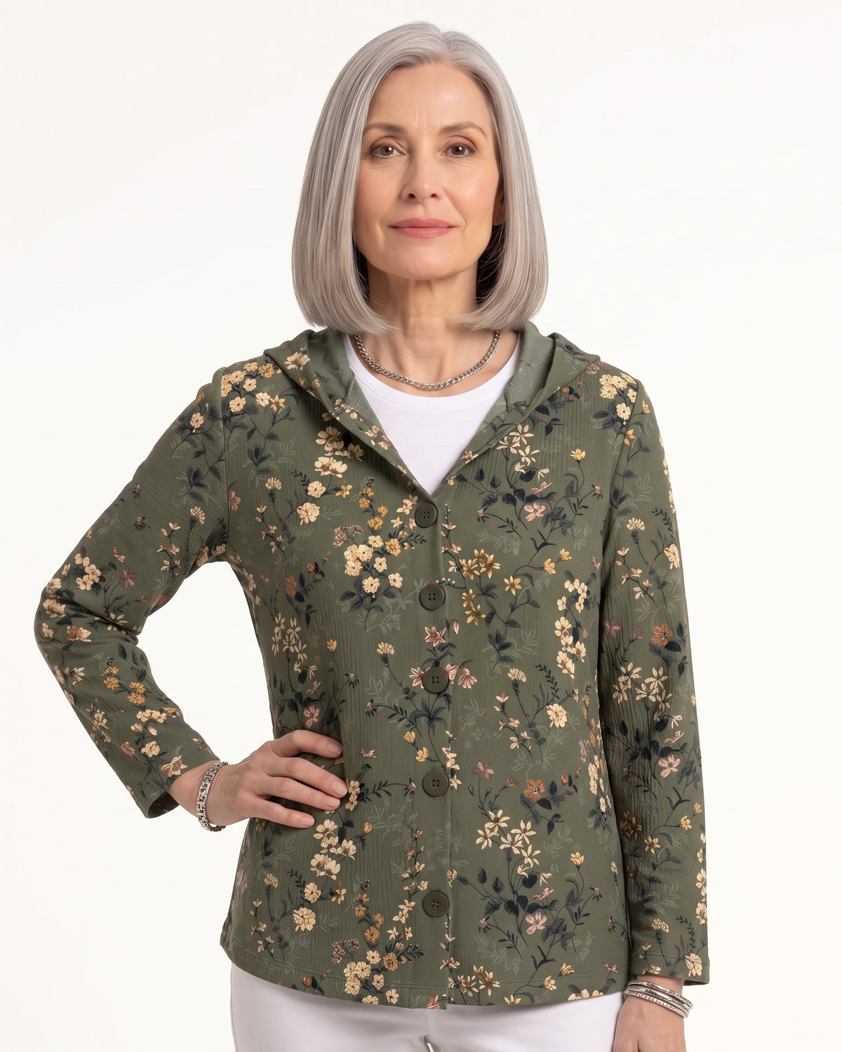 Women’s hooded cardigan with dark green floral print, button-front knit and hood