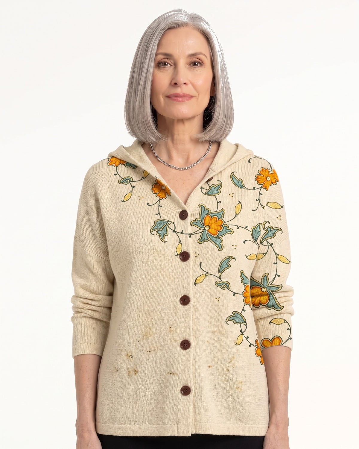Women's hooded cardigan, cream knit with yellow-and-blue floral vine print, button front and hood