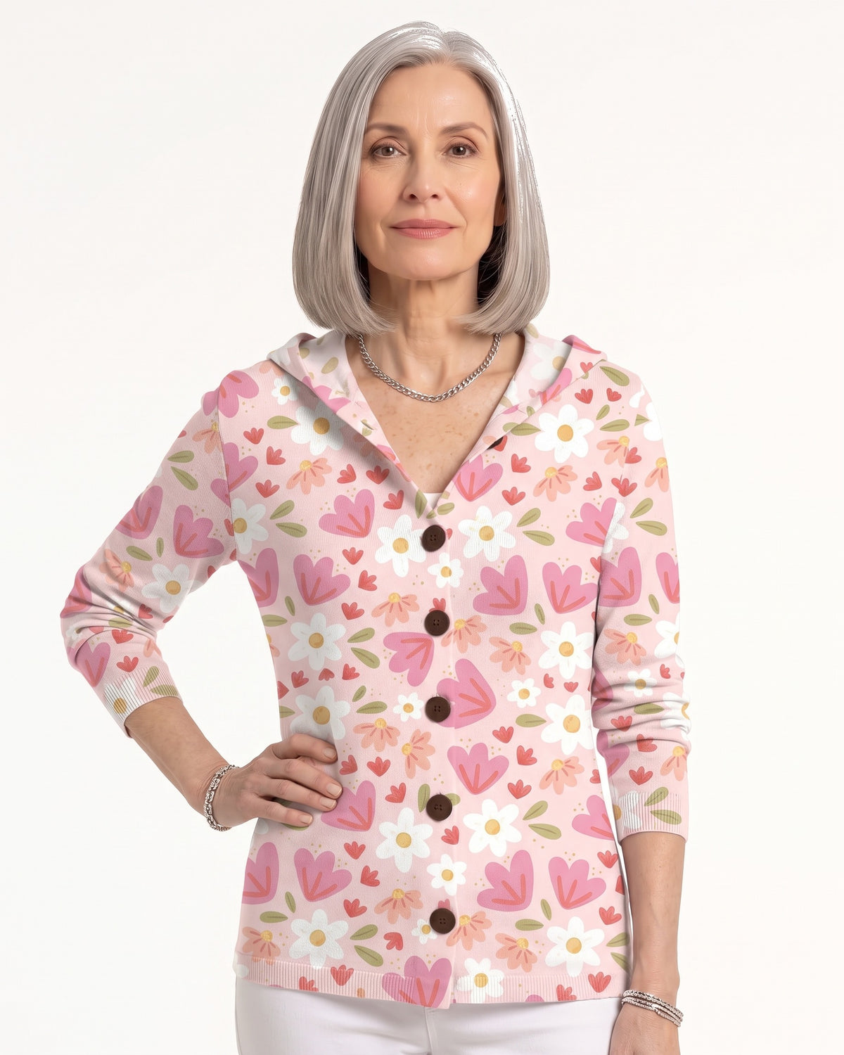 Women’s hooded cardigan with pink floral and heart print, button-front knit and hood