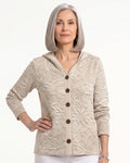 Women's hooded cardigan, light beige knit with tonal leaf pattern, button front and hood