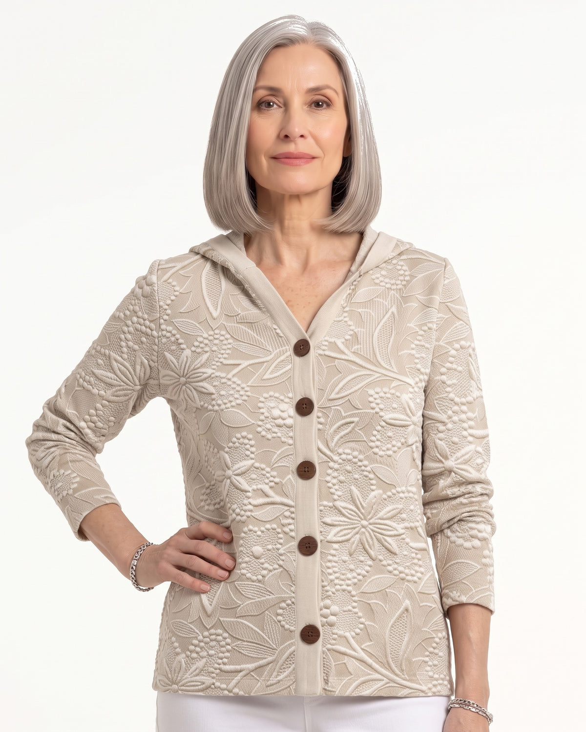 Women's hooded cardigan, light beige knit with tonal leaf pattern, button front and hood