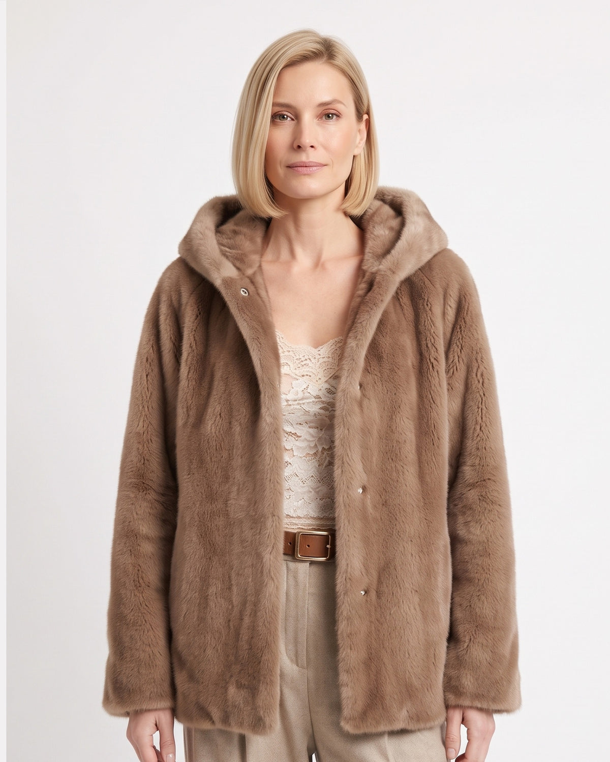 Brown faux fur hooded jacket with snap buttons, belt-style waist strap