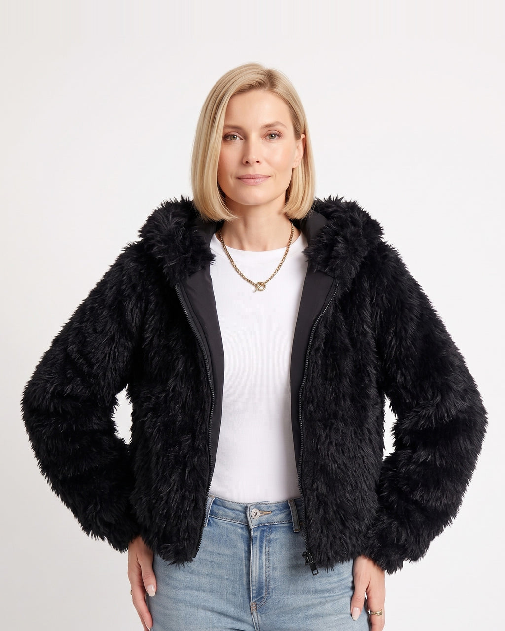 Black cropped faux fur jacket with hood and front zipper
