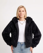 Black cropped faux fur jacket with hood and front zipper