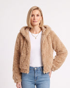 Camel cropped faux fur jacket with hood and front zipper