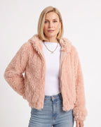 Light pink cropped faux fur jacket with hood and front zipper