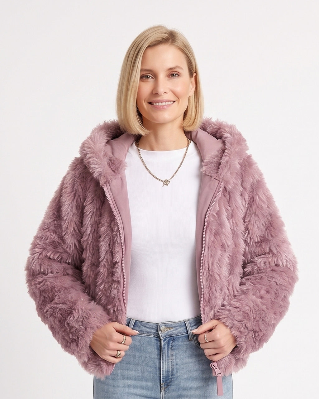 Mauve cropped faux fur jacket with hood and front zipper