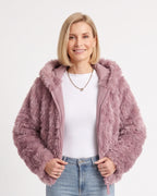Mauve cropped faux fur jacket with hood and front zipper