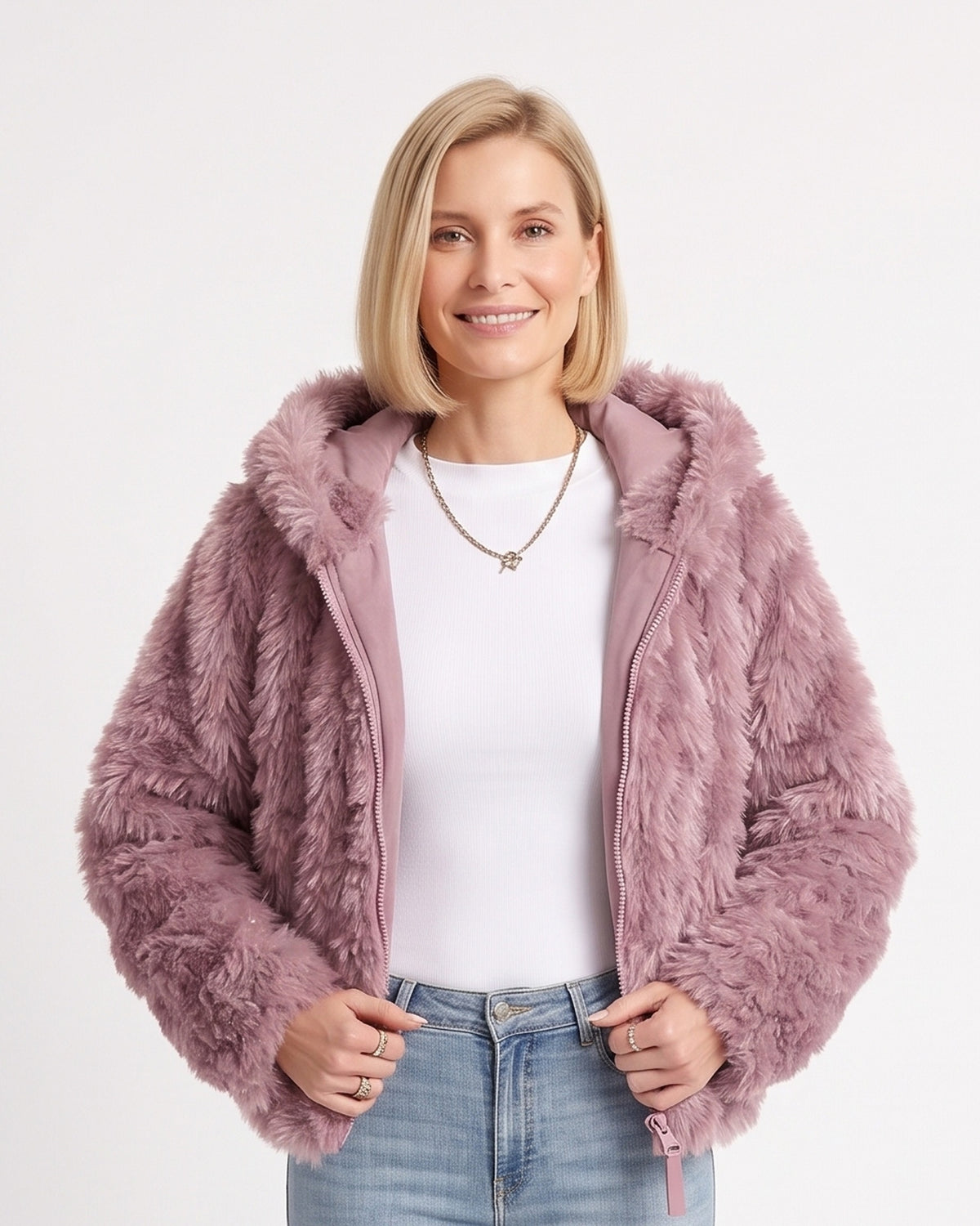 Mauve cropped faux fur jacket with hood and front zipper