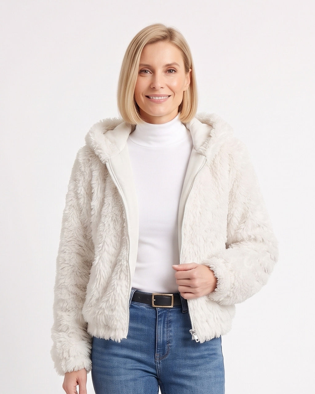 Women's cropped white faux-fur jacket with hood, zip front, and pockets