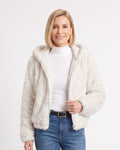 Women's cropped white faux-fur jacket with hood, zip front, and pockets