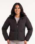 Cropped hooded puffer jacket in black with faux fur collar and zip front