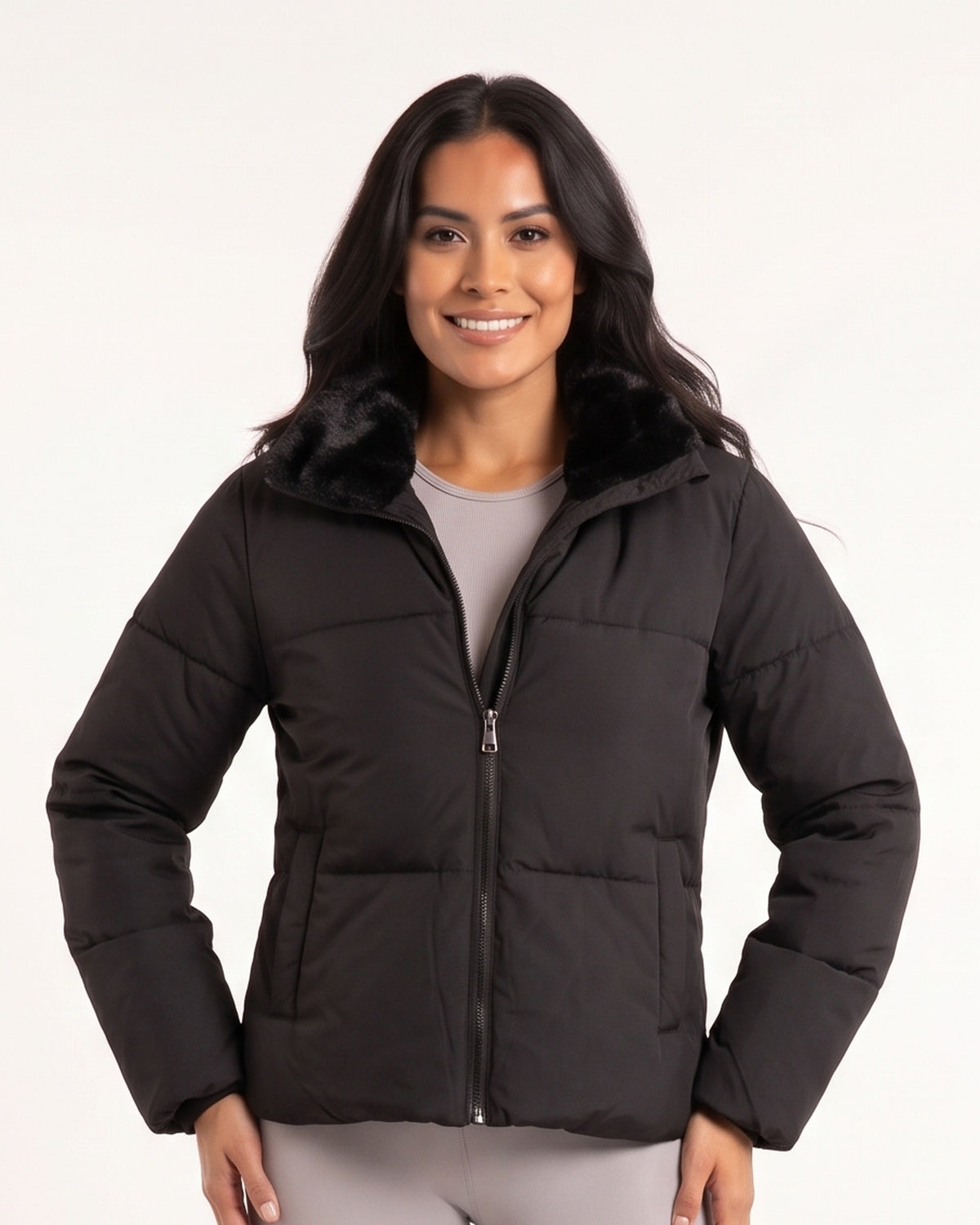 Cropped hooded puffer jacket in black with faux fur collar and zip front