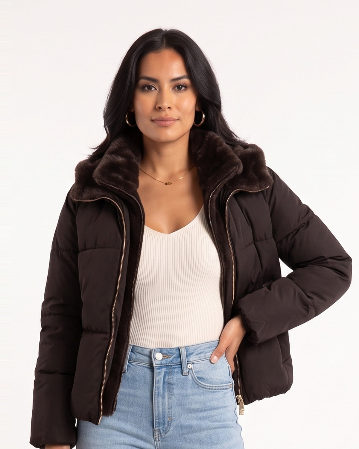 Dark brown faux-fur lined stand-collar puffer jacket with zip front and side pockets