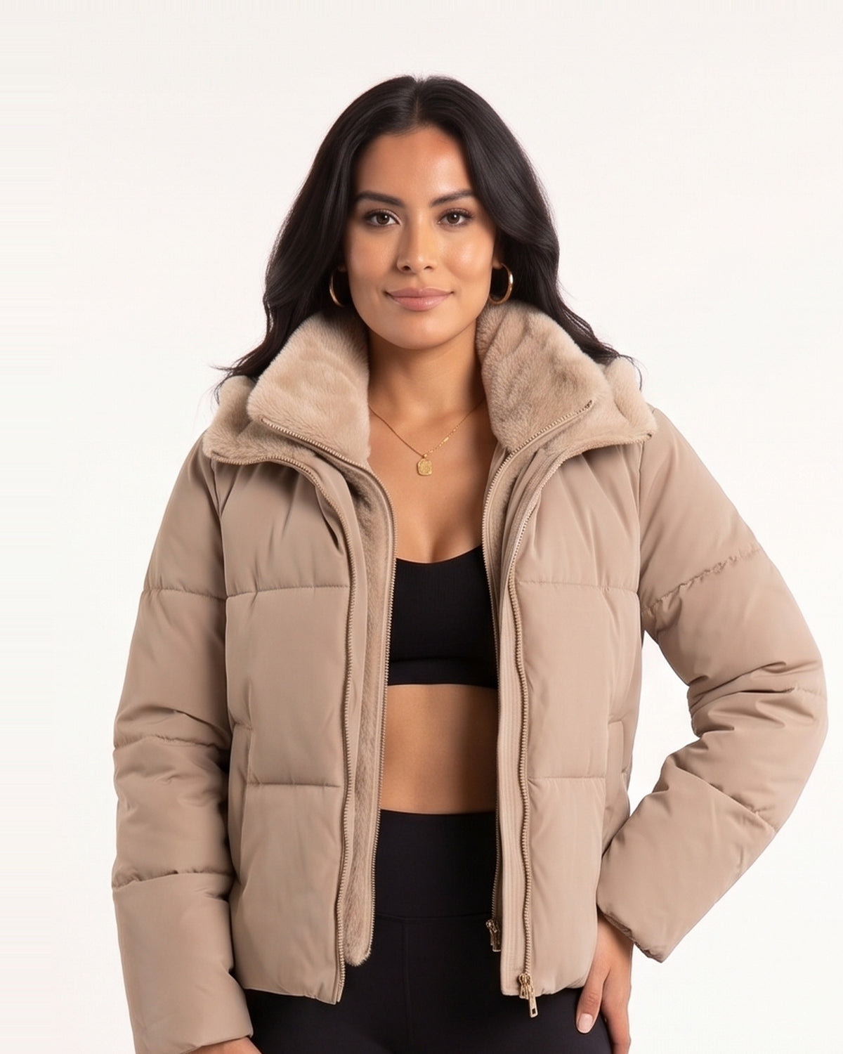 Taupe faux-fur lined stand-collar puffer jacket with zip front, quilted panels