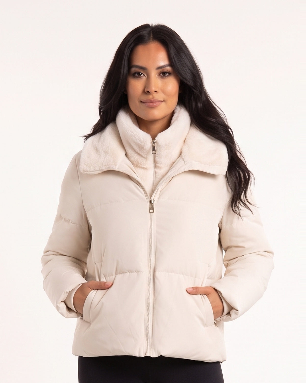 Light cream faux-fur lined stand-collar puffer jacket with full-zip front