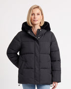 Black hooded puffer jacket with faux-fur hood trim and full-length zipper