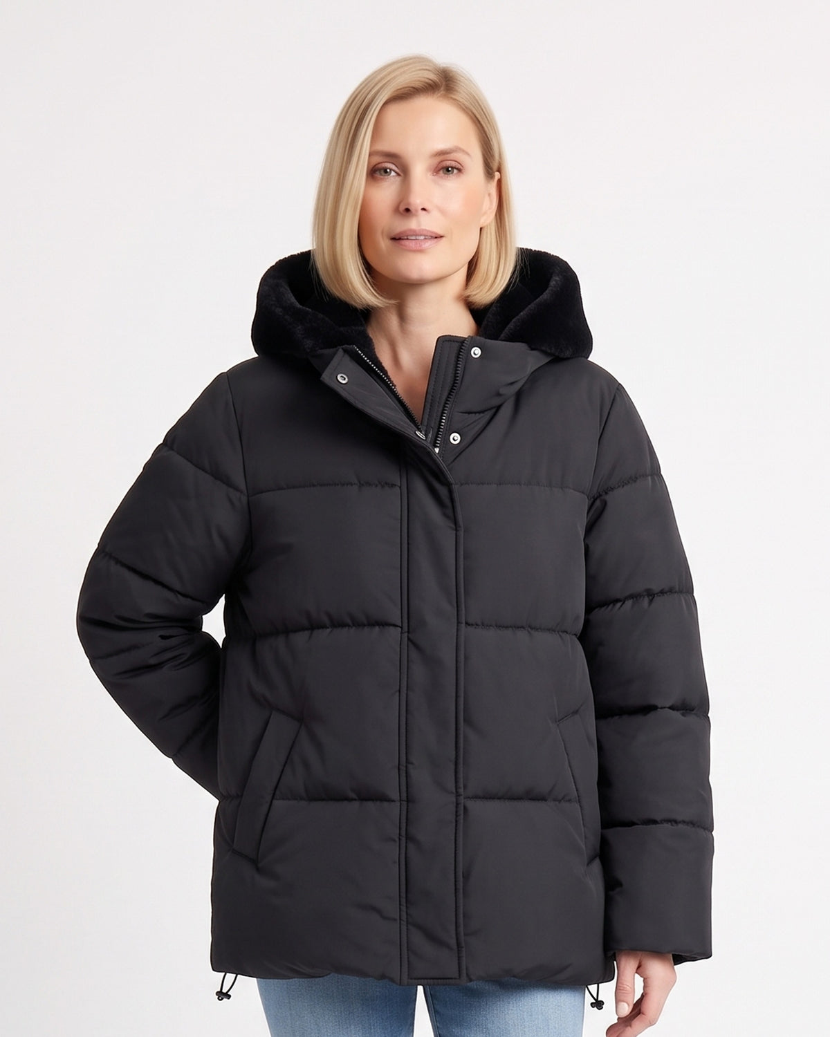 Black hooded puffer jacket with faux-fur hood trim and full-length zipper