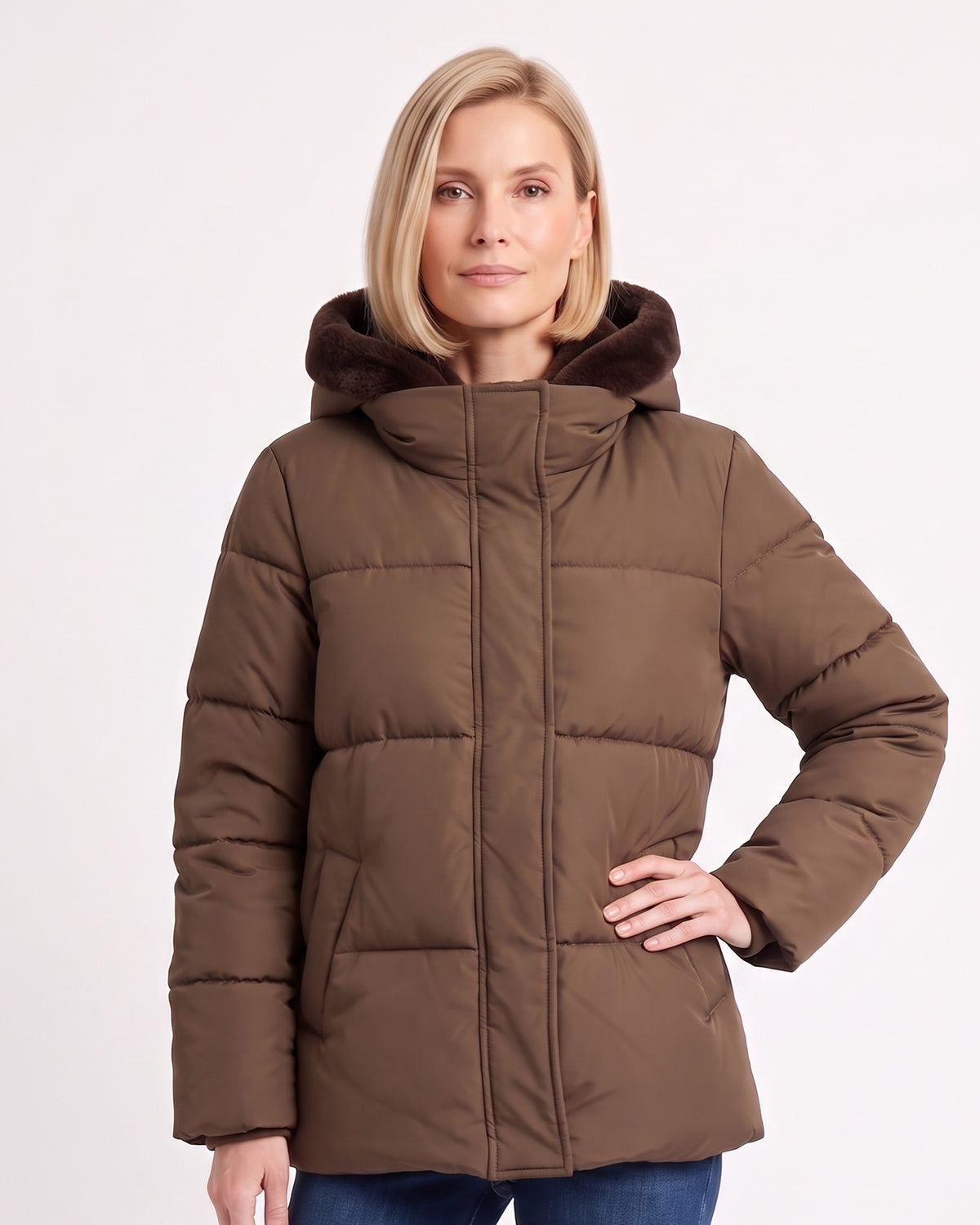 Brown hooded puffer jacket with zip front and dark faux-fur lined hood