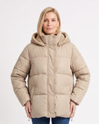 Khaki hooded puffer jacket with zip front, faux-fur trimmed hood, and adjustable hem